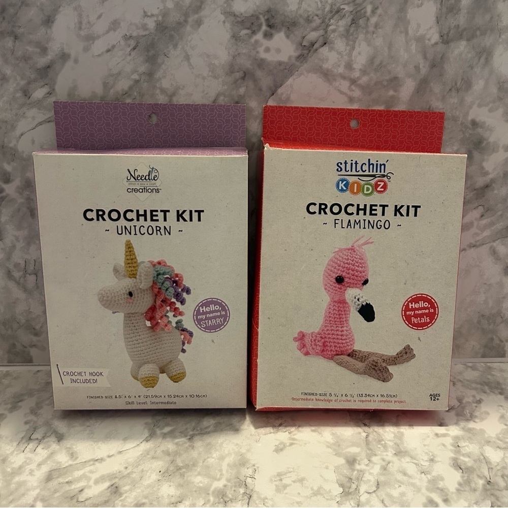 New!! Set of 2 Needle Creations Crochet Sets- Unicorn and Flamingo